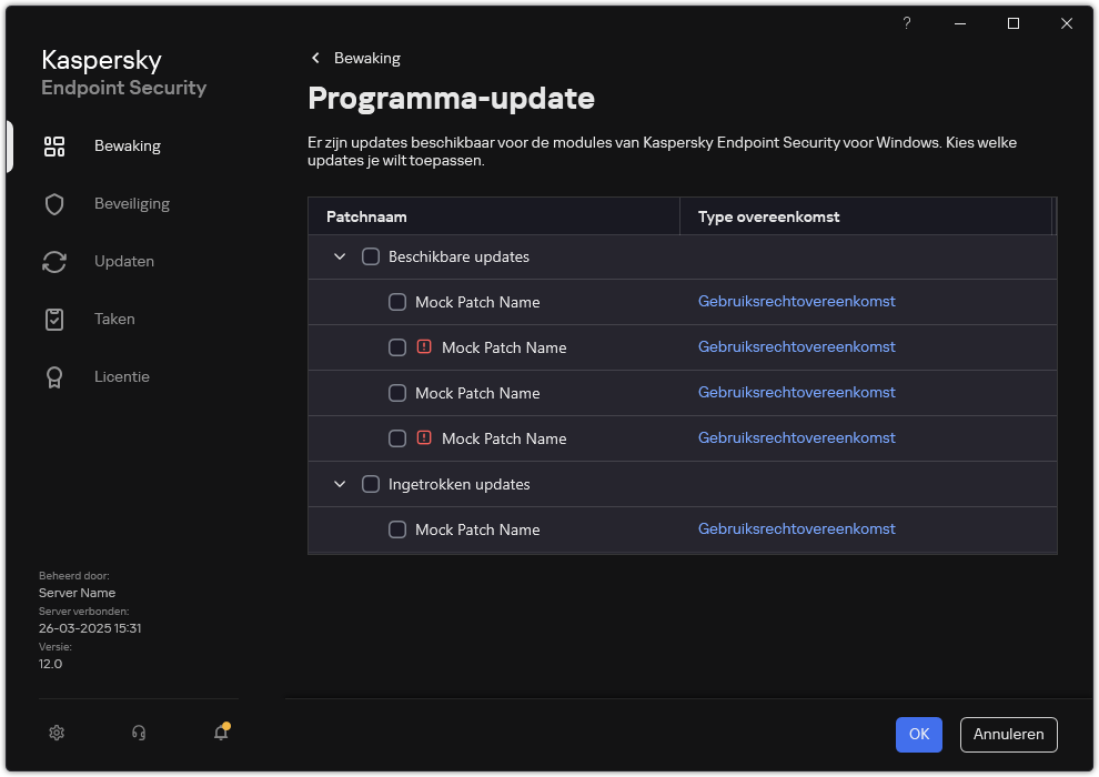 Venster met een lijst met beschikbare patches. De gebruiker kan patches selecteren en de algemene voorwaarden van de overeenkomsten accepteren.