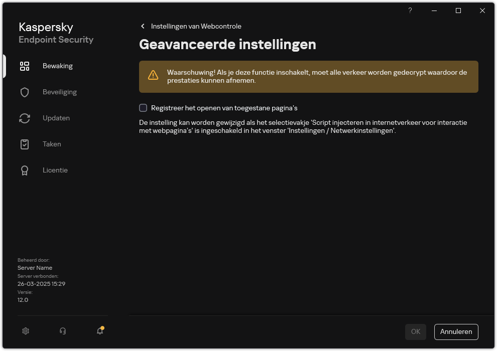 Webcontrole geavanceerde instellingen venster.
