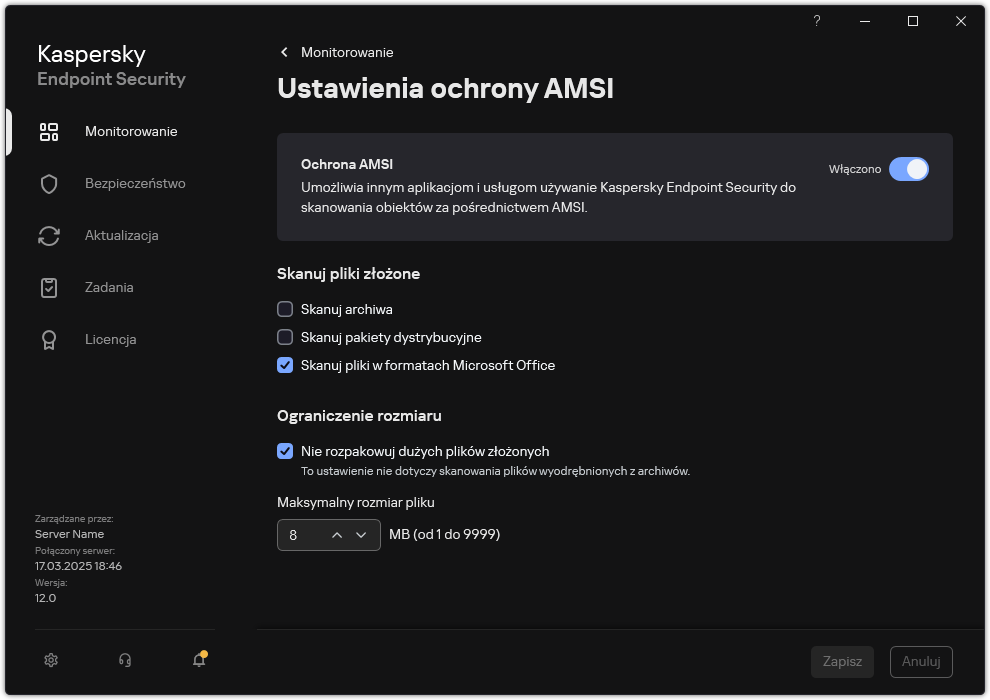 Okno Ustawienia ochrony AMSI.