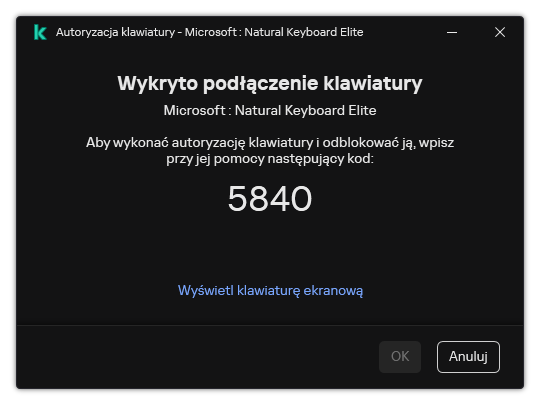 Okno z kodem autoryzacyjnym klawiatury. Użytkownik może aktywować klawiaturę ekranową i wprowadzić kod.