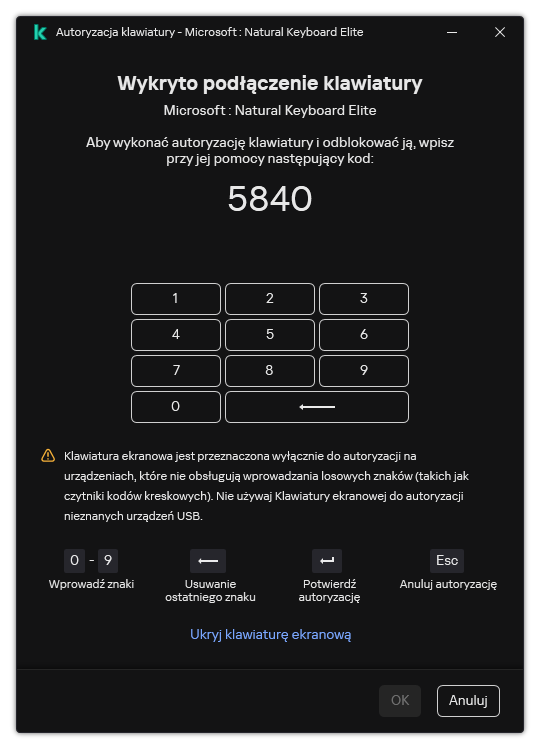 Okno z kodem autoryzacyjnym klawiatury i klawiaturą ekranową. Użytkownik może wprowadzić kod.