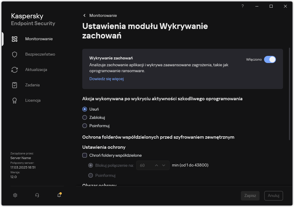 Okno Ustawienia modułu Wykrywanie zachowań.