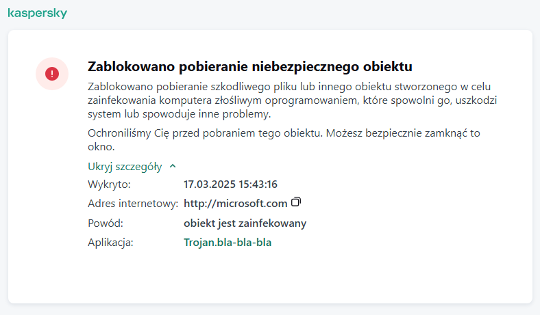 Powiadomienie firmy Kaspersky o zapobieganiu pobrania szkodliwego obiektu w oknie przeglądarki.