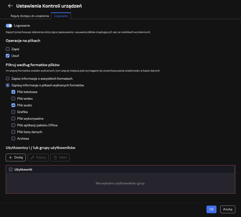 Okno do konfiguracji rejestrowania zdarzeń dotyczących użycia dysków wymiennych. Użytkownik może wybrać zdarzenia, które mają być rejestrowane.