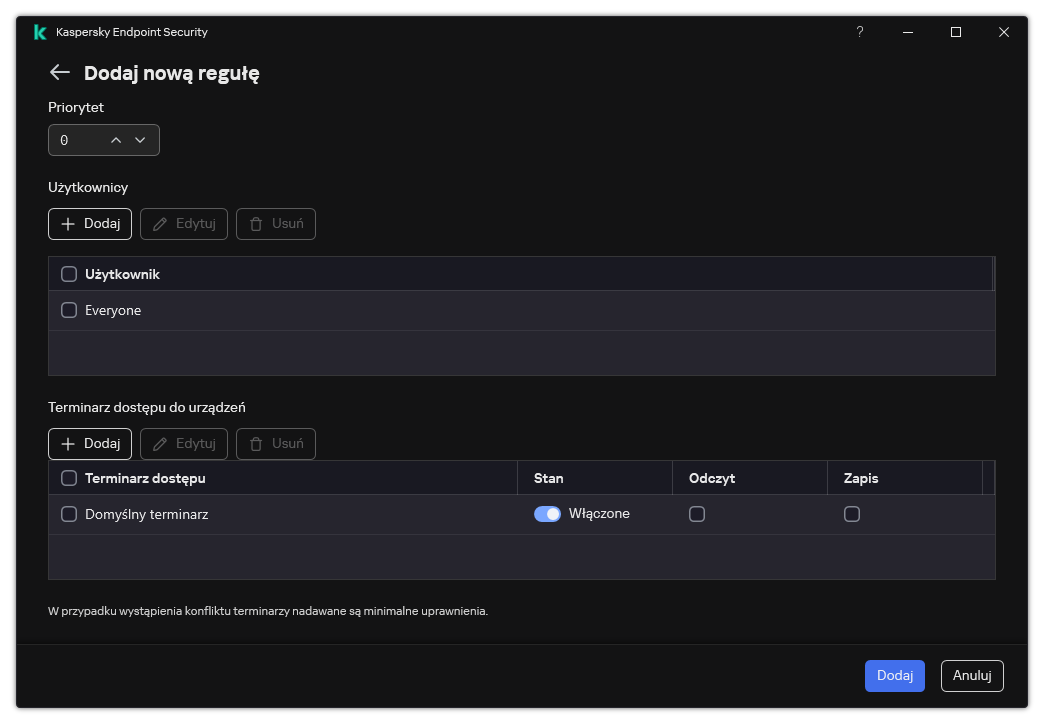 Okno konfiguracji reguły Kontrola urządzeń. Użytkownik może przypisać priorytet reguły, dodać użytkowników do reguły i ustawić terminarz reguły.