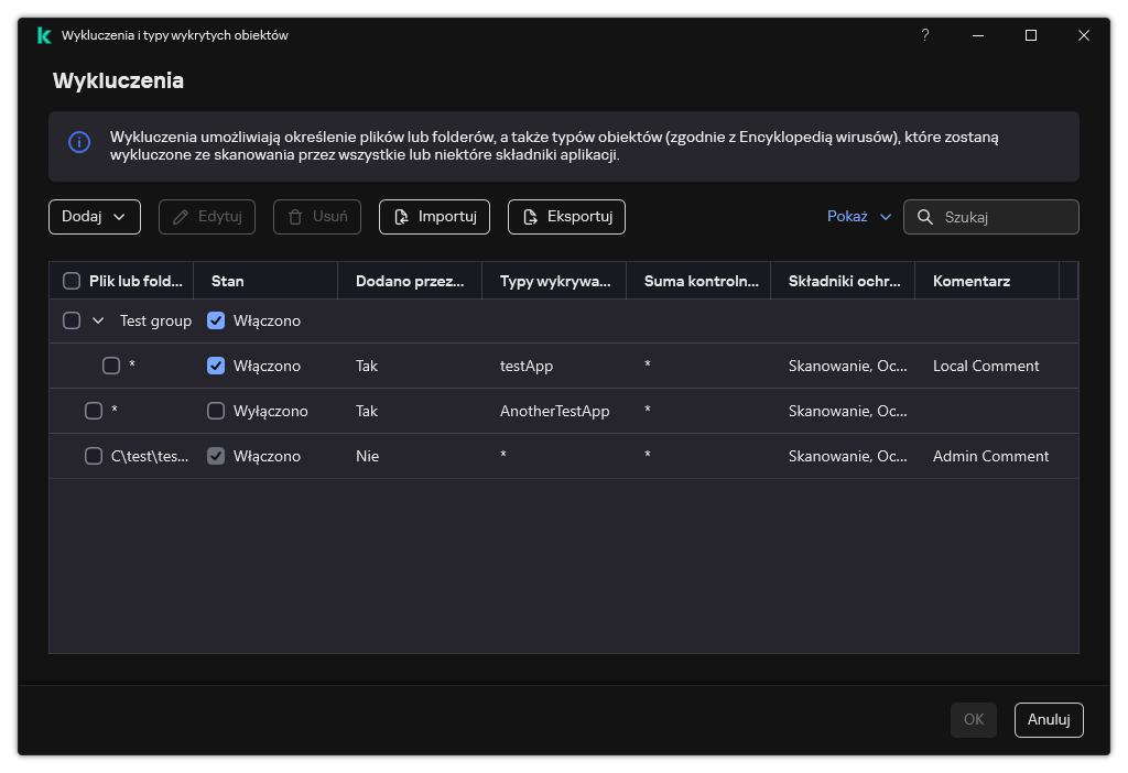 Okno z listą wykluczeń. Wyświetlane są właściwości wykluczenia. Użytkownik może dodawać, edytować lub usuwać wykluczenia.
