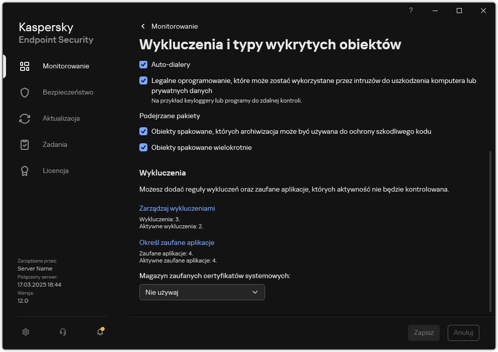 Okno ustawień wykluczeń. Użytkownik może dodawać wykluczenia i zaufane aplikacje.
