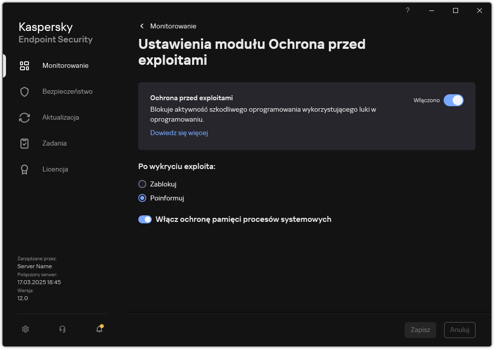 Okno ustawień modułu Ochrona przed exploitami