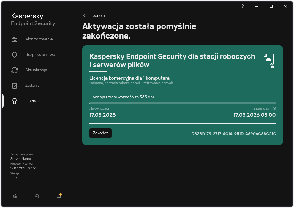 Okno zawiera informacje o licencji: datę wygaśnięcia, dostępne funkcje i inne informacje.