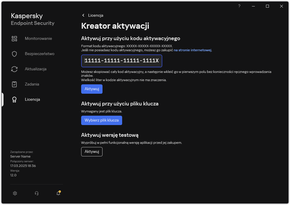 Okno z narzędziami aktywacji aplikacji. Użytkownik może wprowadzić kod aktywacyjny lub wybrać plik klucza.