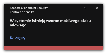 Powiadomienie o możliwym ataku brute-force. Użytkownik może przeglądać szczegółowe informacje o regule.
