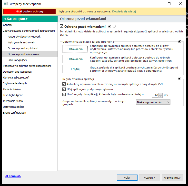 Okno ustawień modułu Ochrona przed włamaniami.