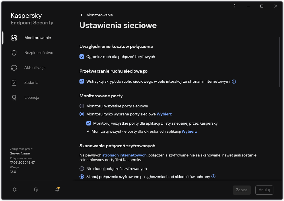 Okno ustawień sieciowych aplikacji.