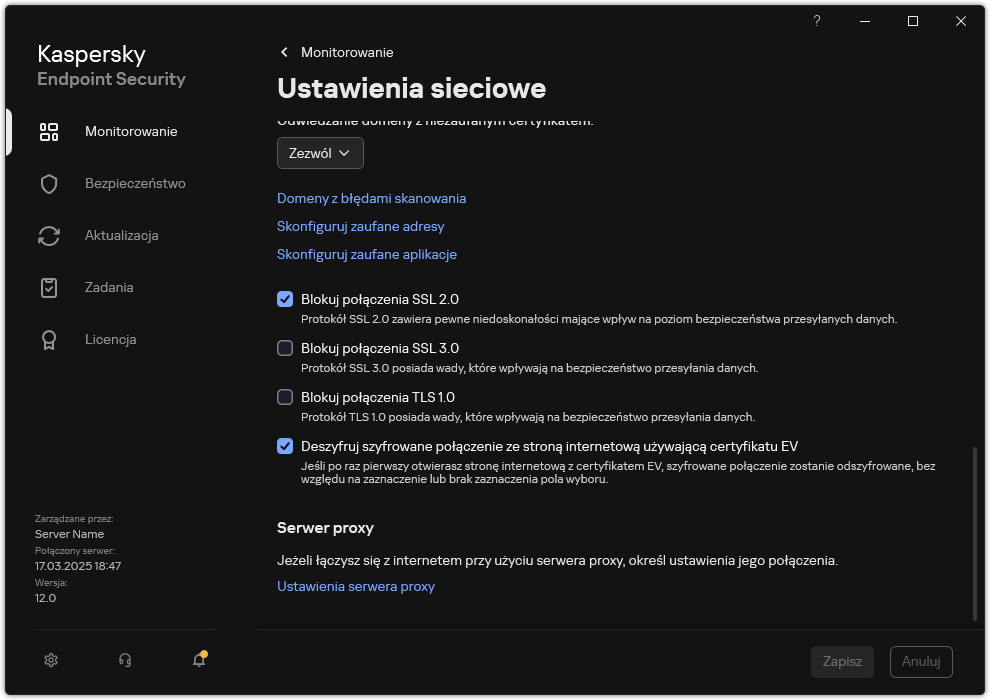 Okno ustawień sieciowych aplikacji.