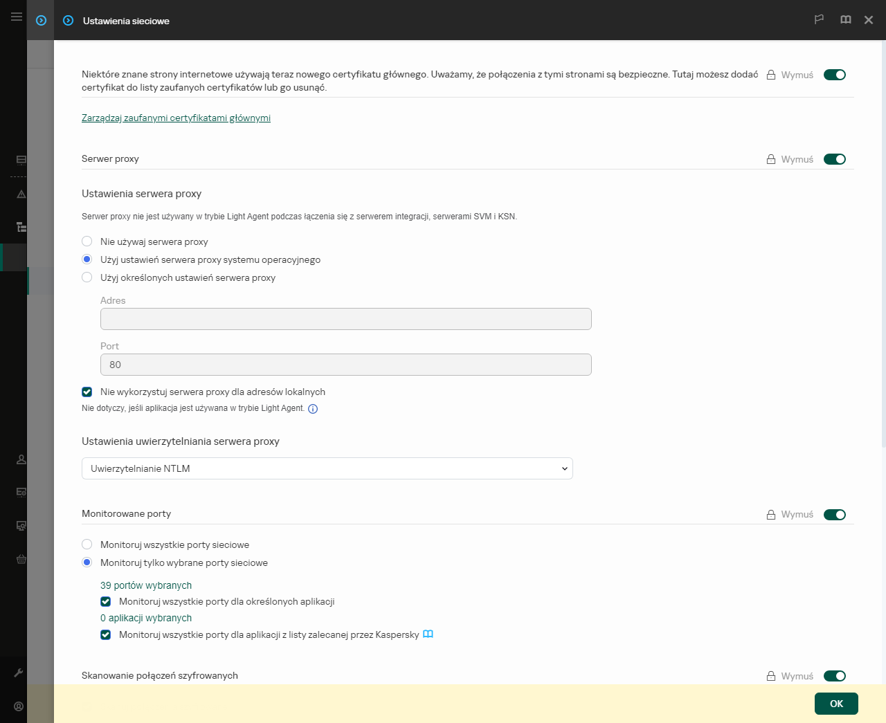 Okno ustawień sieciowych aplikacji. Użytkownik może skonfigurować ustawienia serwera proxy.