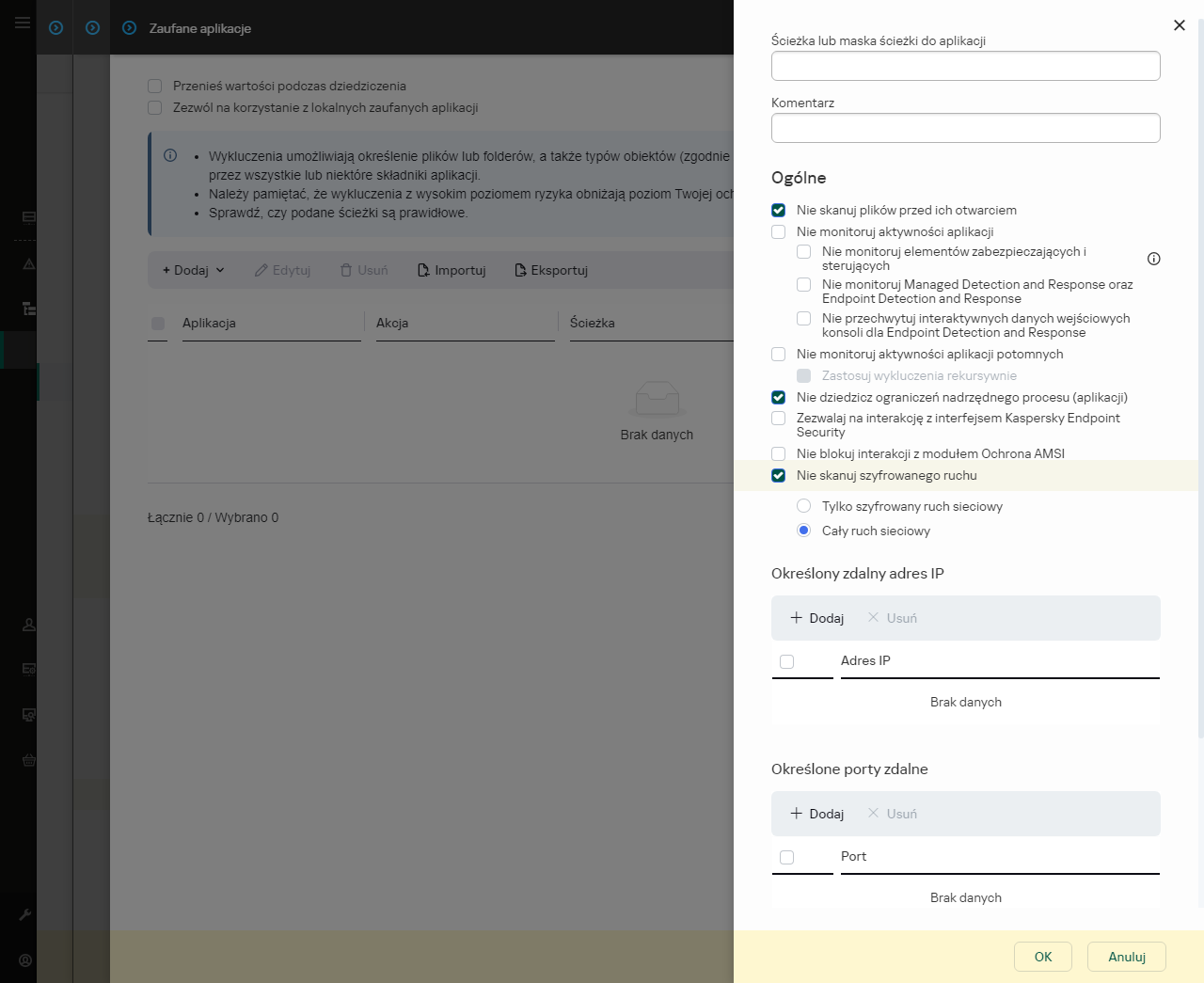 Okno z polem do wpisania ścieżki do zaufanej aplikacji. Można używać masek.
