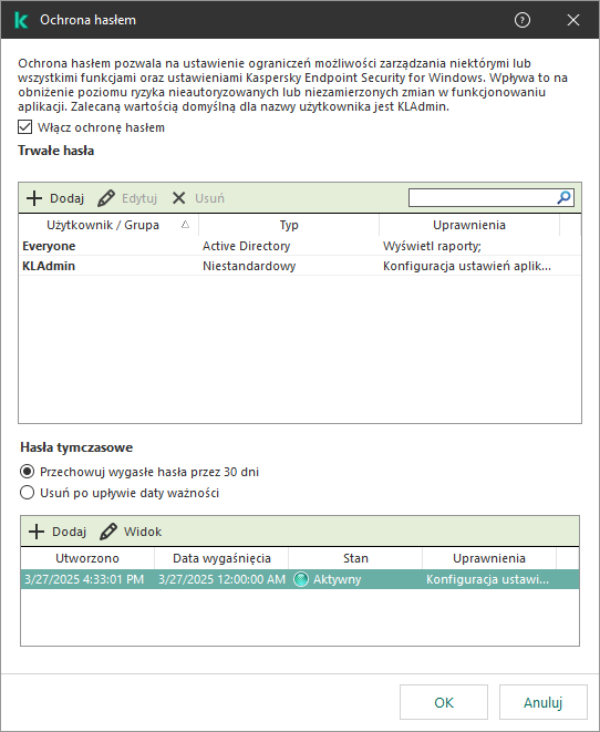 Okno zarządzania hasłami tymczasowymi.