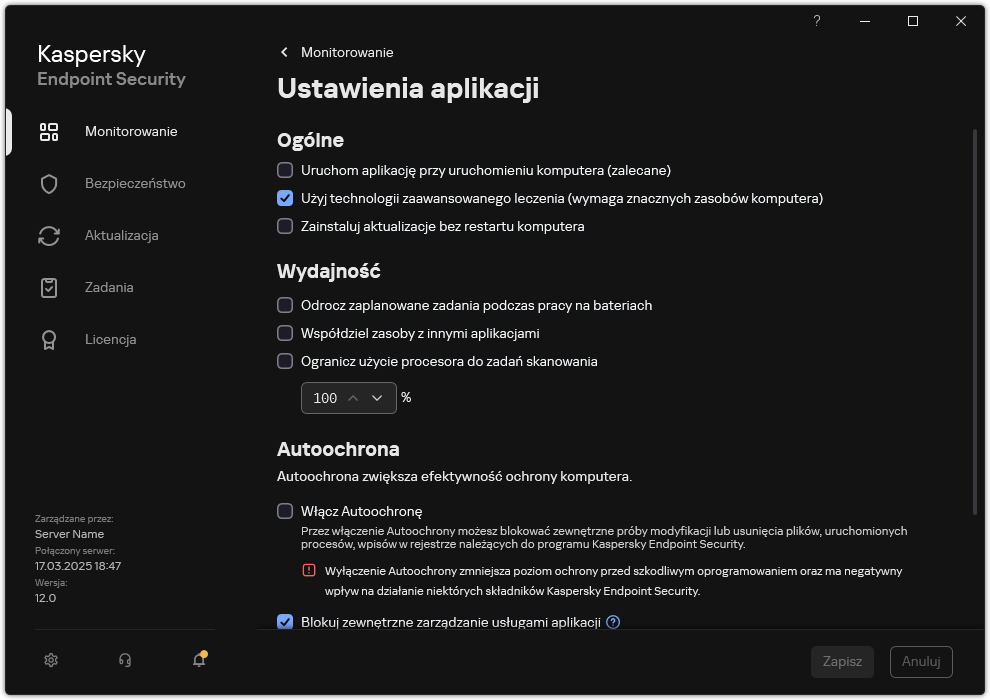 Okno ustawień aplikacji. Użytkownik może skonfigurować wydajność, autoochronę i inne ustawienia.