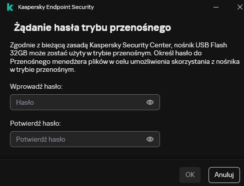Okno zawiera pola do wpisania i potwierdzenia hasła.