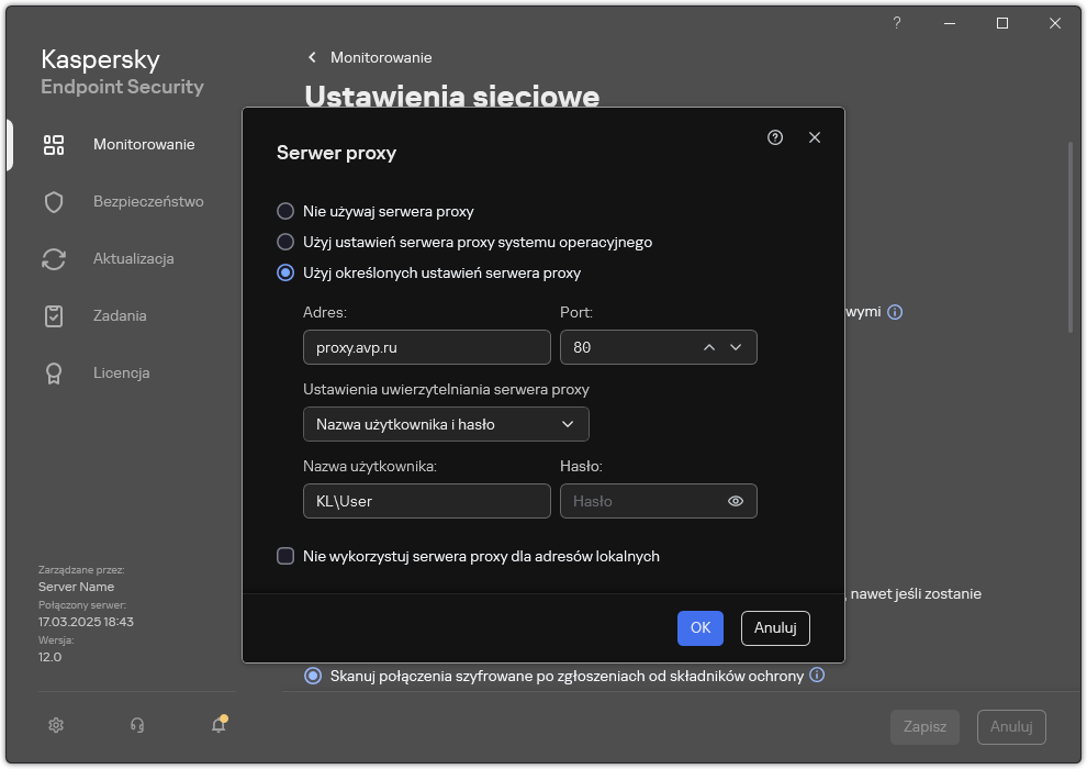 Okno konfiguracji połączenia z serwerem proxy. Użytkownik może ustawić adres serwera proxy i poświadczenia do łączenia się z serwerem proxy.
