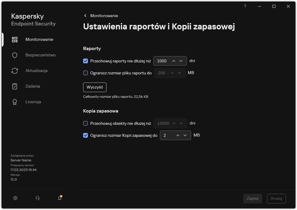 Okno ustawień Raportów i Kopii zapasowej. Użytkownik może ustawić rozmiar i ograniczyć czas przechowywania raportów i obiektów w repozytorium.