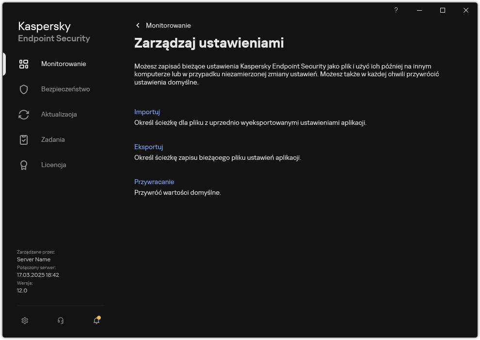 Okno ustawień wykluczeń. Użytkownik może eksportować, importować lub przywracać ustawienia aplikacji.