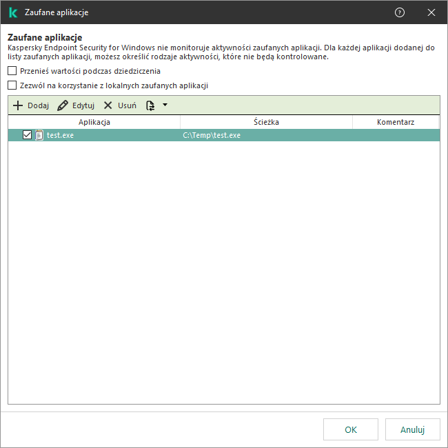 Okno z listą zaufanych aplikacji. Użytkownik może dodawać, edytować lub usuwać zaufaną aplikację.