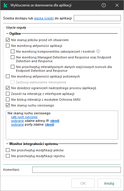 Okno z polem do wpisania ścieżki do pliku lub folderu. Można używać masek.