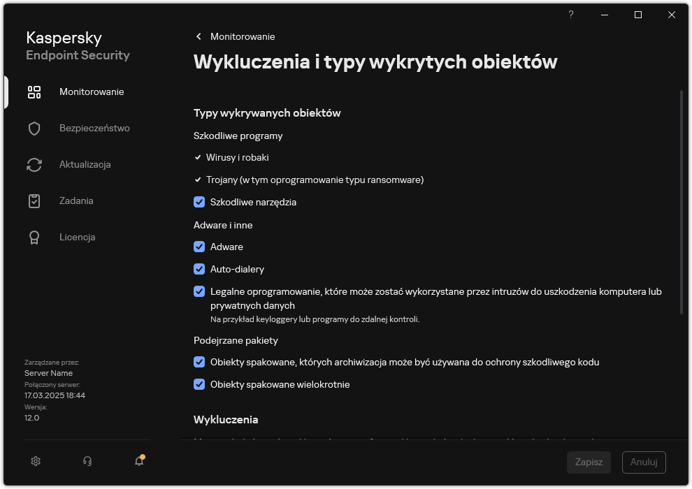 Okno ustawień wykluczeń. Użytkownik może wybrać typy wykrywanych obiektów oraz dodawać obiekty do wykluczeń.