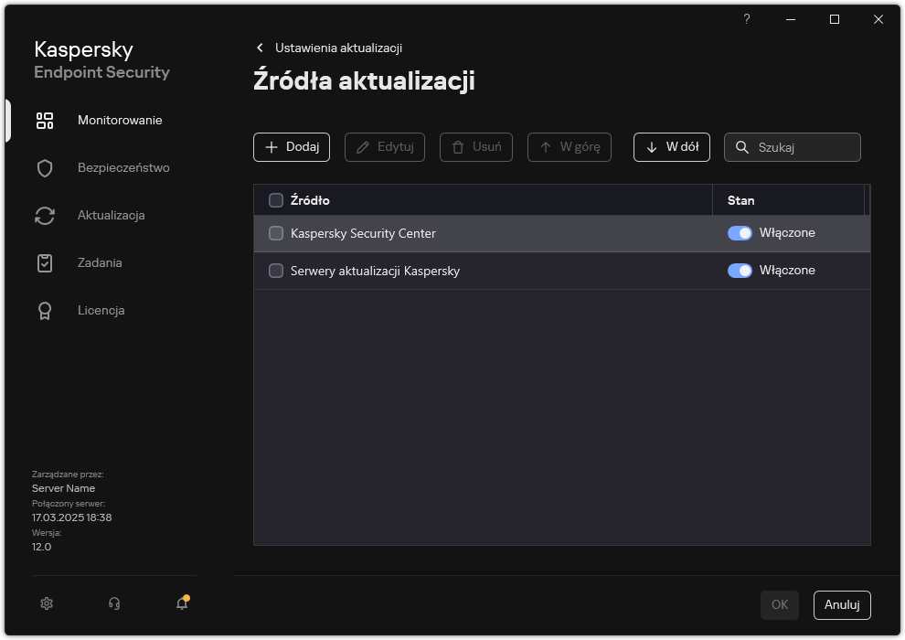 Okno z listą źródeł aktualizacji. Użytkownik może dodawać źródła aktualizacji i przypisywać im priorytet.