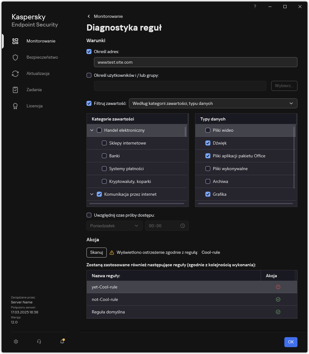 Okno wyników testu zasobu sieciowego.