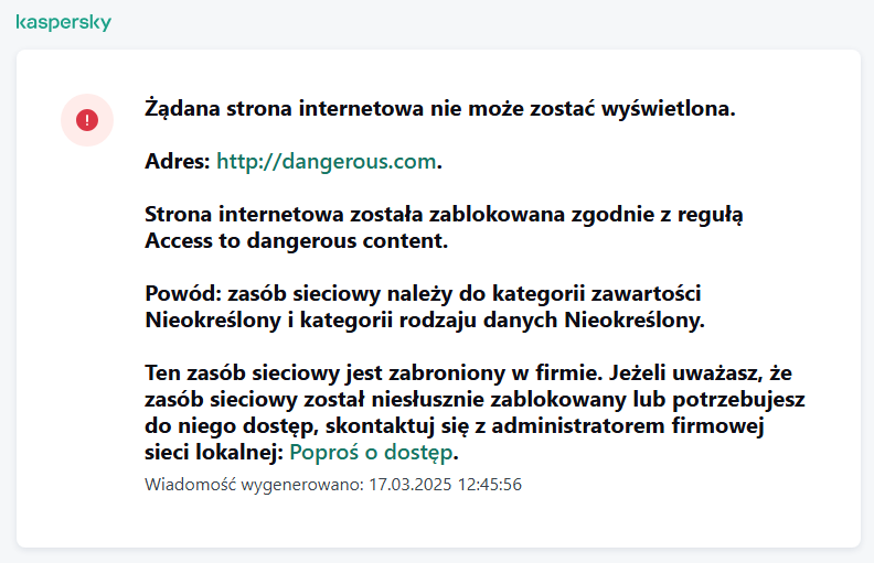 Powiadomienie firmy Kaspersky o zablokowaniu dostępu do strony internetowej w oknie przeglądarki. Użytkownik może utworzyć żądanie dostępu do zasobu internetowego.