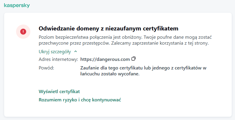 Powiadomienie firmy Kaspersky o odwiedzeniu domeny z niezaufanym certyfikatem w oknie przeglądarki. Użytkownik może kontynuować pracę.