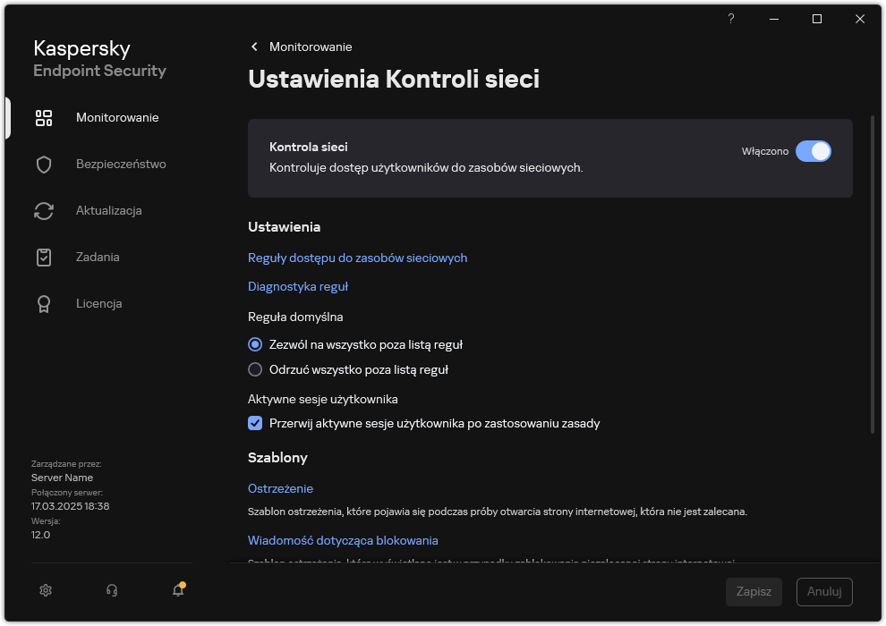Okno ustawień Kontrola sieci.