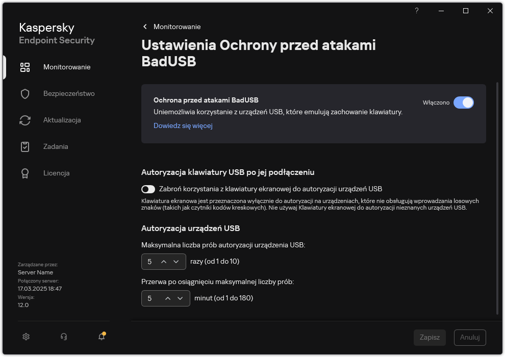 Okno ustawień zapobiegania atakom BadUSB.