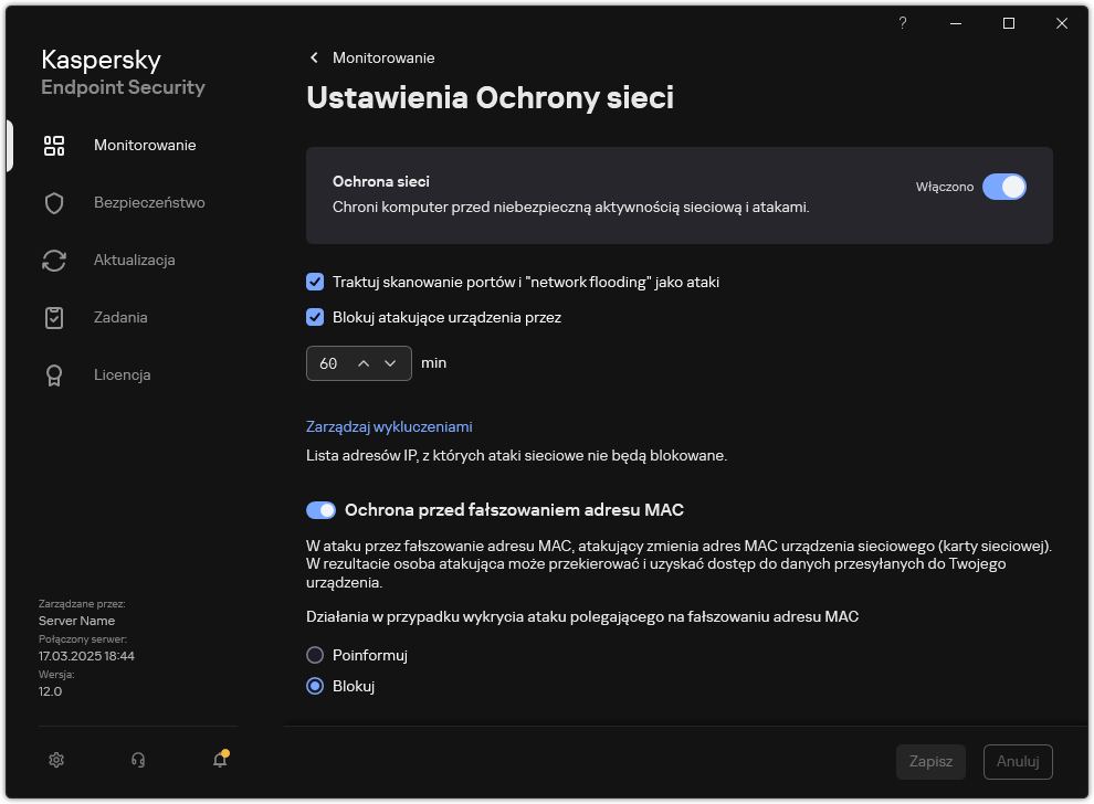 Okno ustawień Ochrony sieci