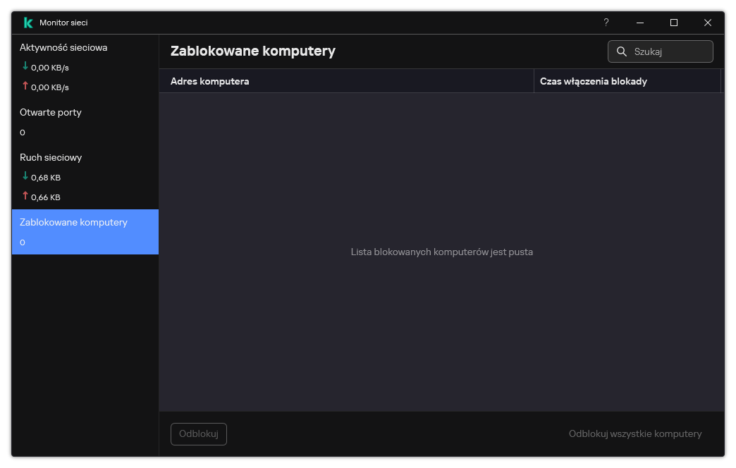 Okno Monitora sieci z listą zablokowanych komputerów. Możesz odblokować poszczególne komputery lub wszystkie komputery.