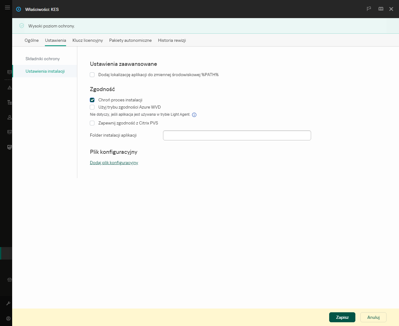 Okno właściwości pakietu instalacyjnego. Możesz skonfigurować instalację aplikacji.
