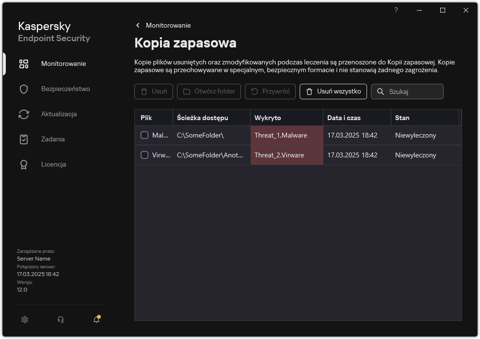 Okno kopii zapasowej.