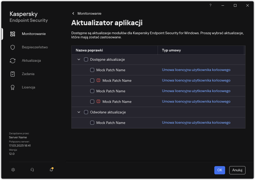Okno z listą dostępnych poprawek. Użytkownik może dokonać wyboru poprawek i zaakceptować warunki umów.