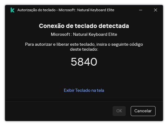 A janela com o código de autorização do teclado. O usuário pode ativar o teclado na tela e inserir o código.