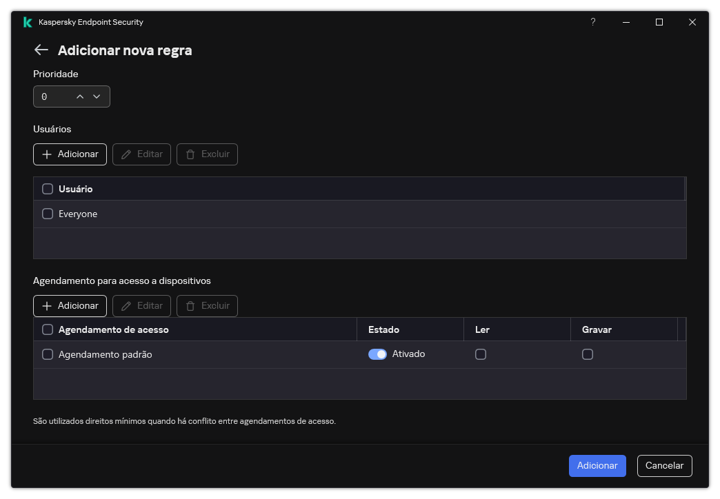 Janela Configuração da Regra de Controle de Dispositivos. O usuário pode atribuir a prioridade da regra, adicionar usuários à regra e definir o agendamento da regra.