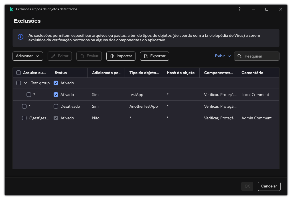 Uma janela com a lista de exclusões. As propriedades de exclusão são exibidas. O usuário pode adicionar, editar ou excluir exclusões.
