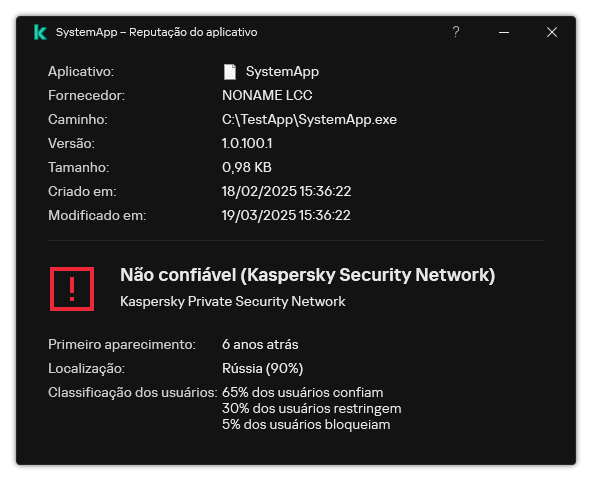 A janela contém informações sobre a reputação do arquivo e outros dados, como a presença de uma assinatura digital.