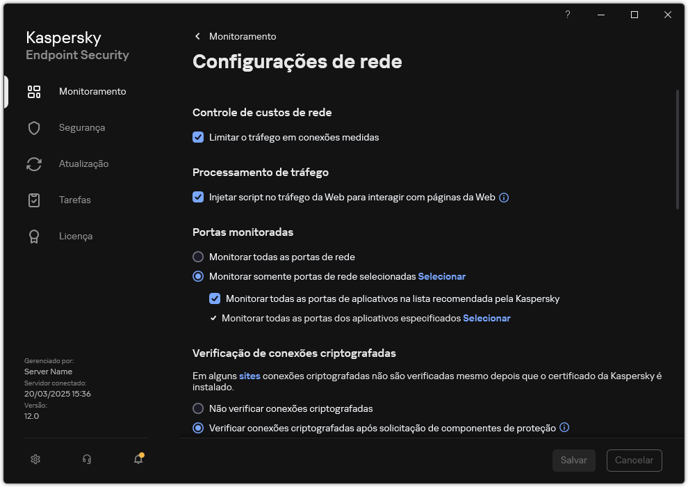 Janela Configurações do Aplicativo de Rede.
