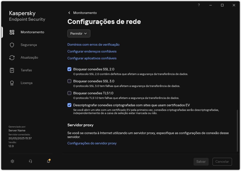 Janela Configurações do Aplicativo de Rede.