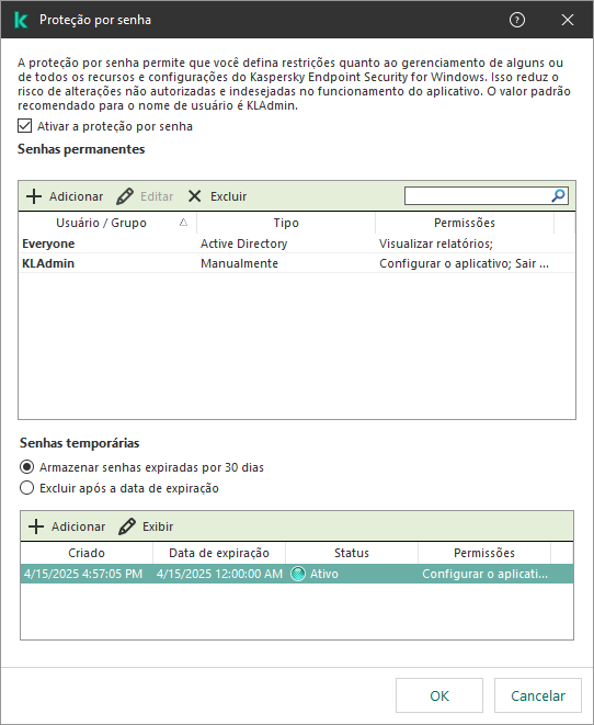 Janela Gerenciamento de senhas temporárias.