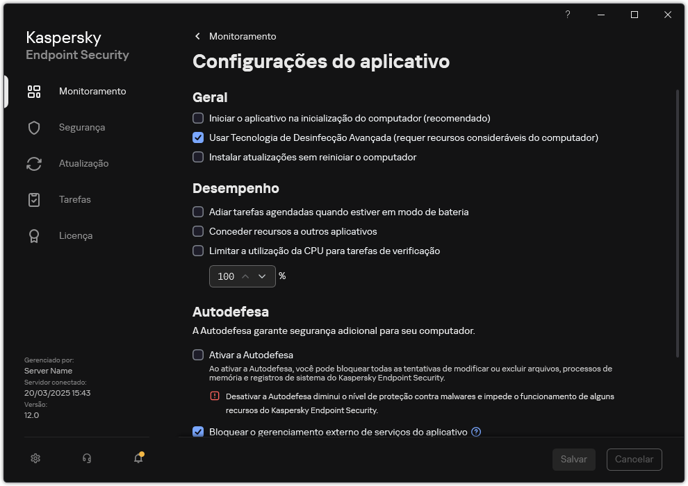 Janela Configurações do Aplicativo. O usuário pode configurar o desempenho, a autodefesa e outras configurações.