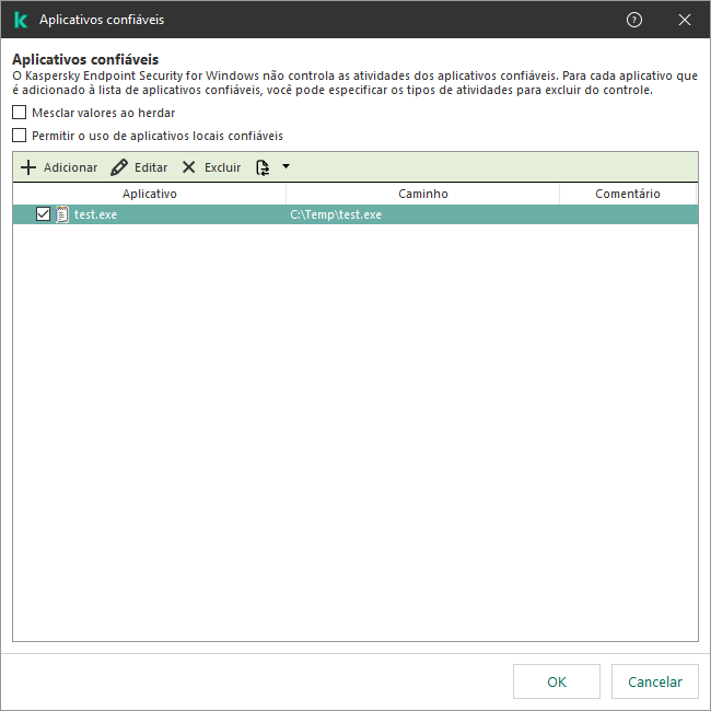 Uma janela com a lista de aplicativos confiáveis. O usuário pode adicionar, editar ou remover um aplicativo confiável.