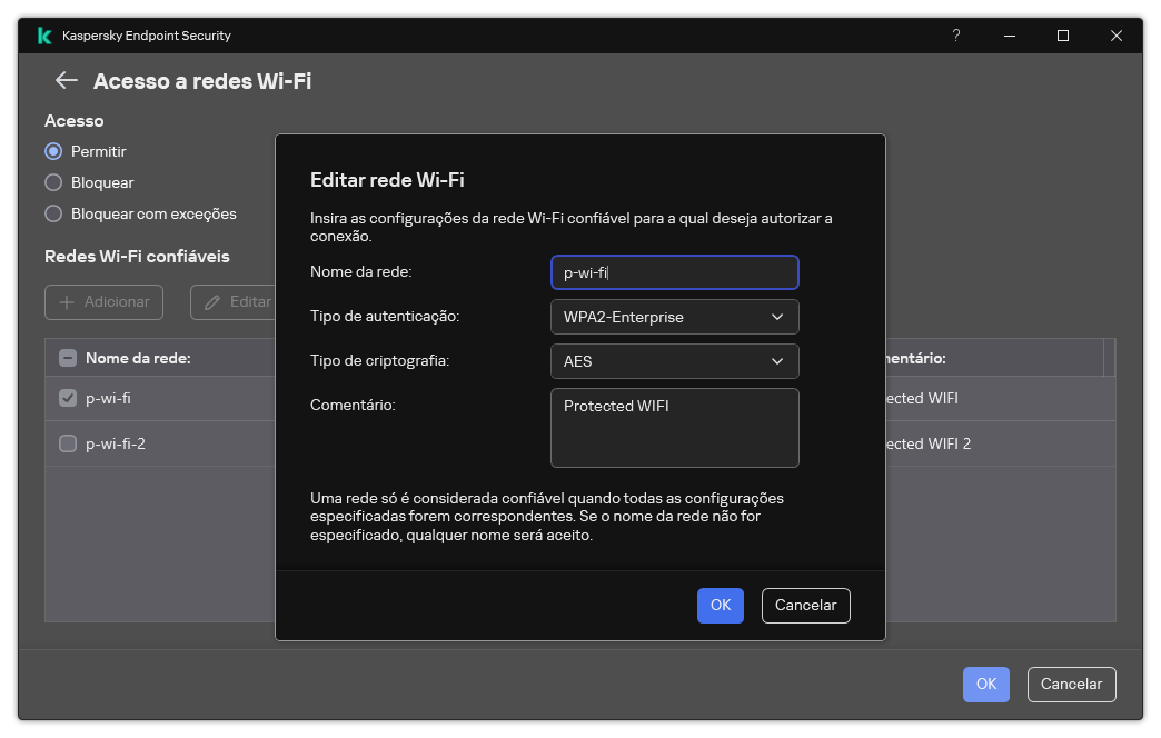 A janela contém as configurações da rede Wi-Fi confiável.